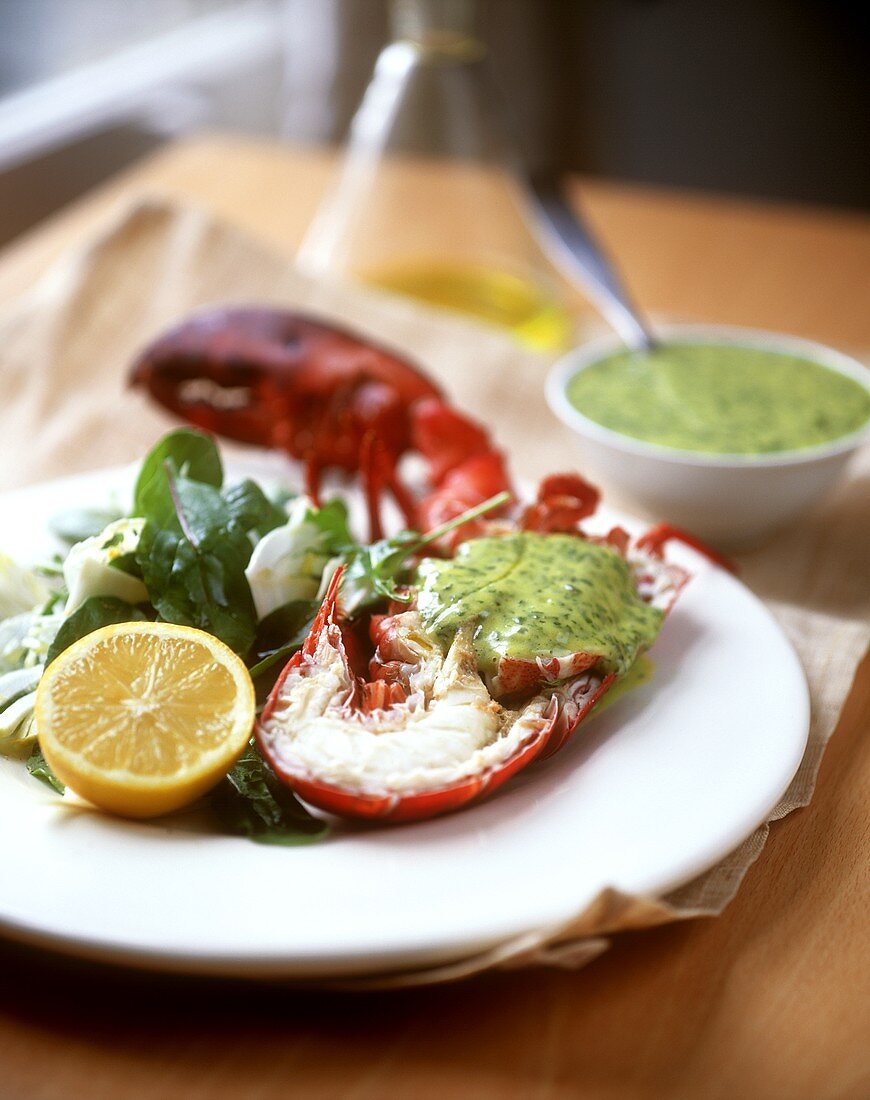 Hummer mit Kräutersauce und gemischtem Salat