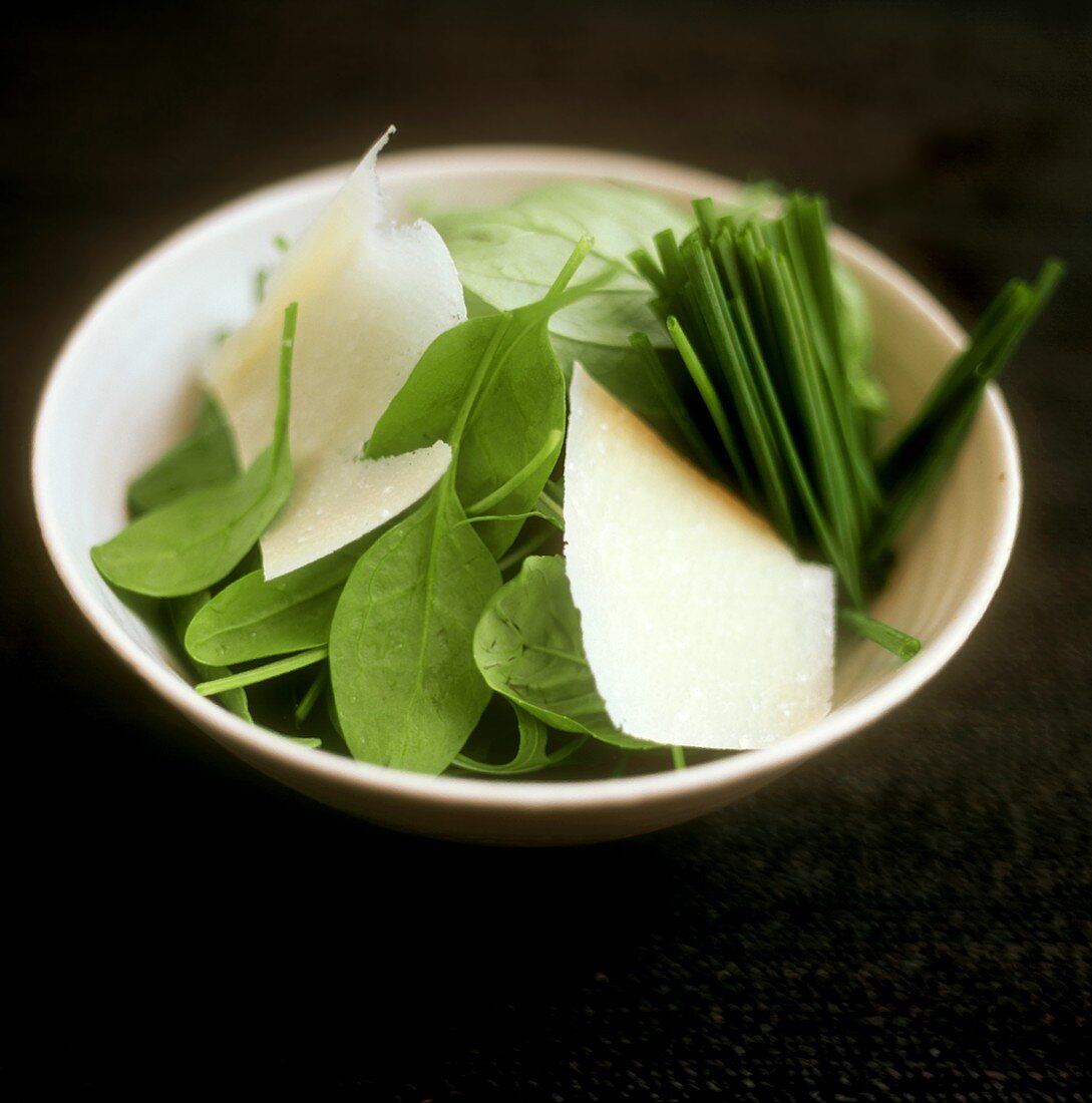 Spinach with Parmesan shavings and chives
