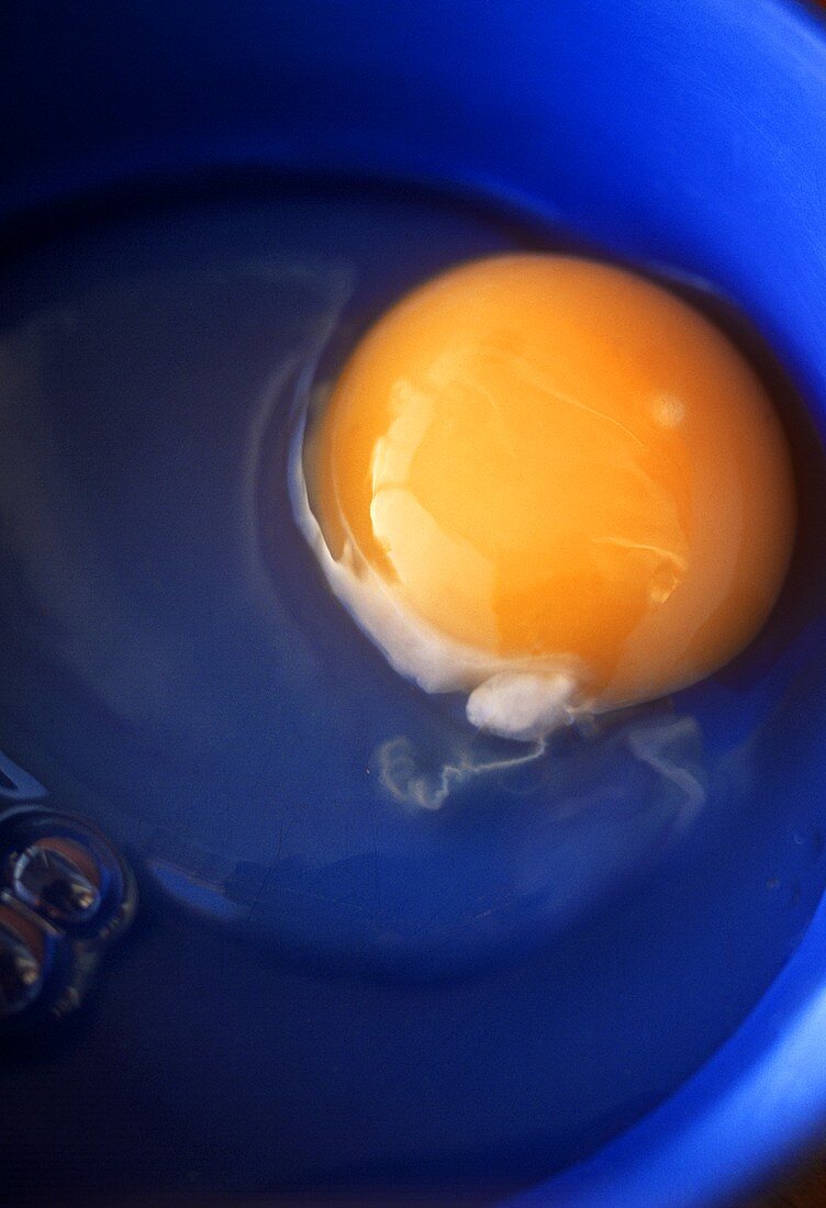 Aufgeschlagenes Ei in blauer Schüssel
