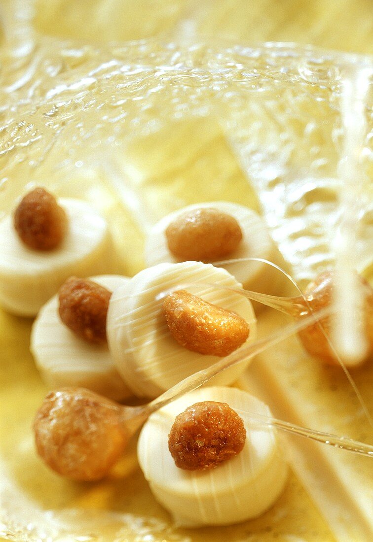 weiße Pralinen mit in Honig gerösteten Macadamianüssen