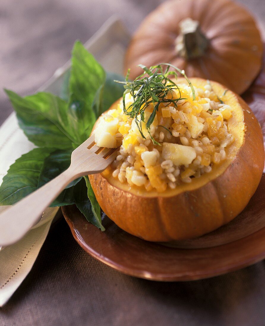 Marinierter Pecorino mit Kürbissalsa und Perlgraupen