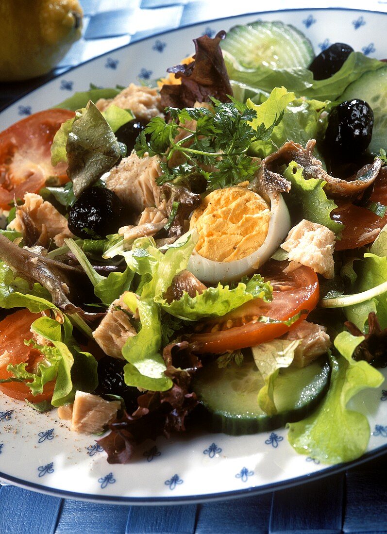 Nizza-Salat mit Thunfisch, Sardellenfilets und gekochtem Ei
