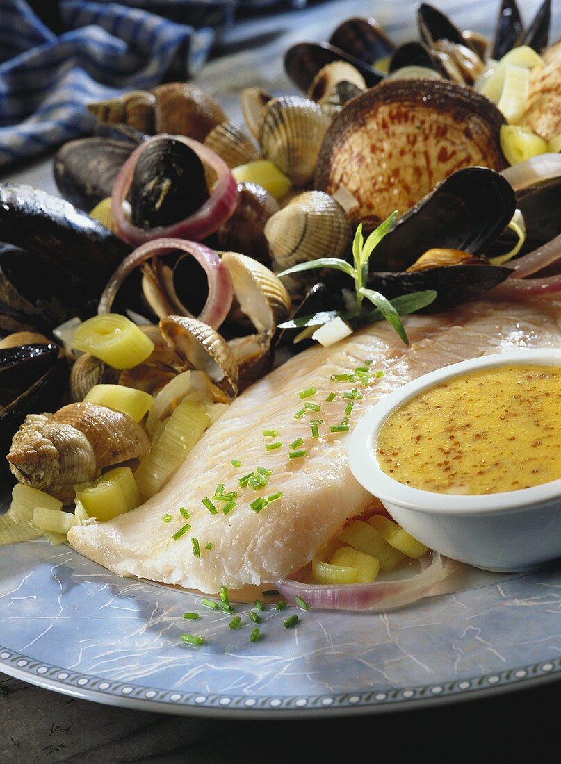 Steamed cod with mussels and mustard sauce