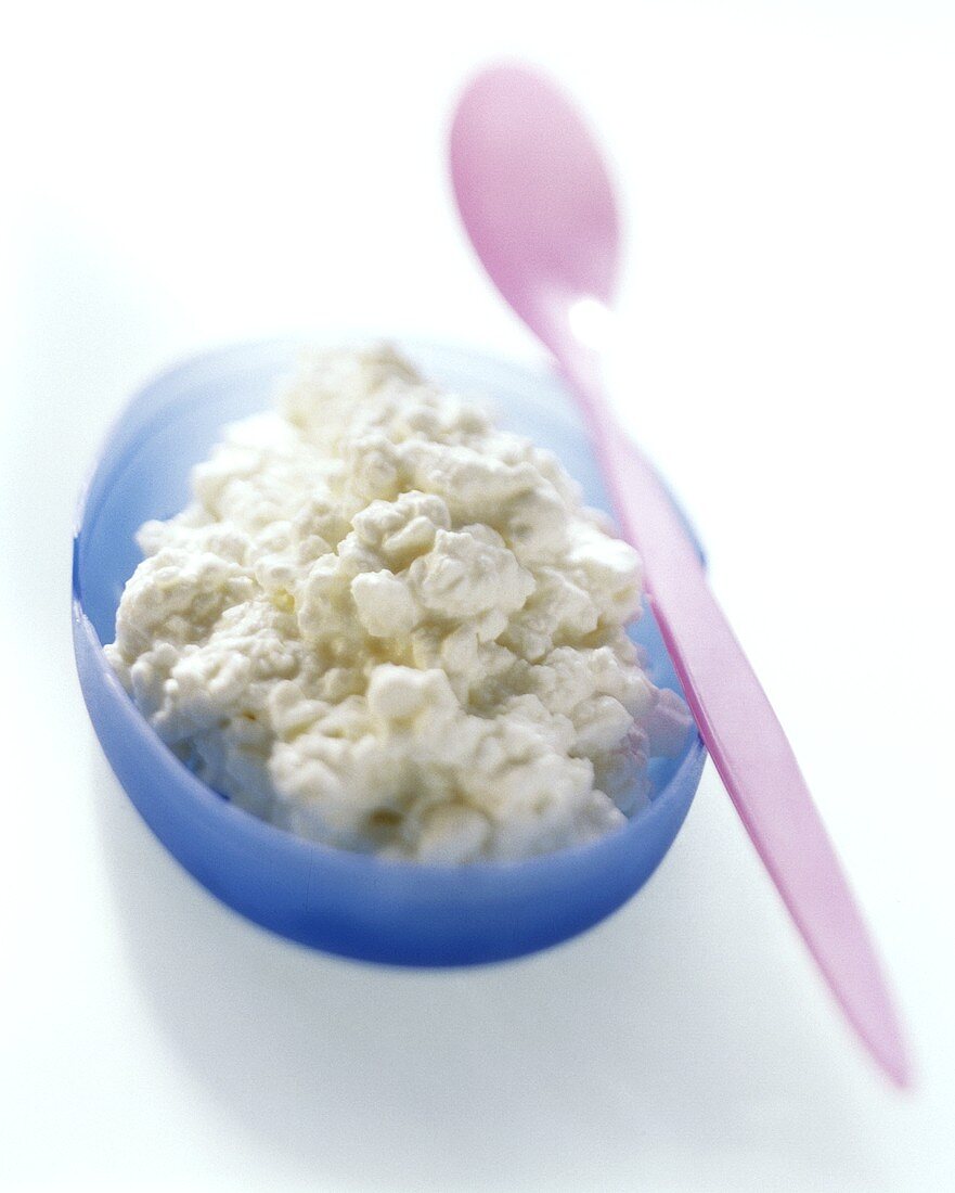 Cottage cheese in blue bowl