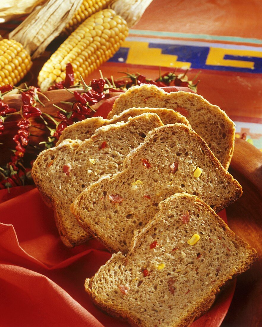 Mexican bread: wholemeal bread with sweetcorn, salami & chilies