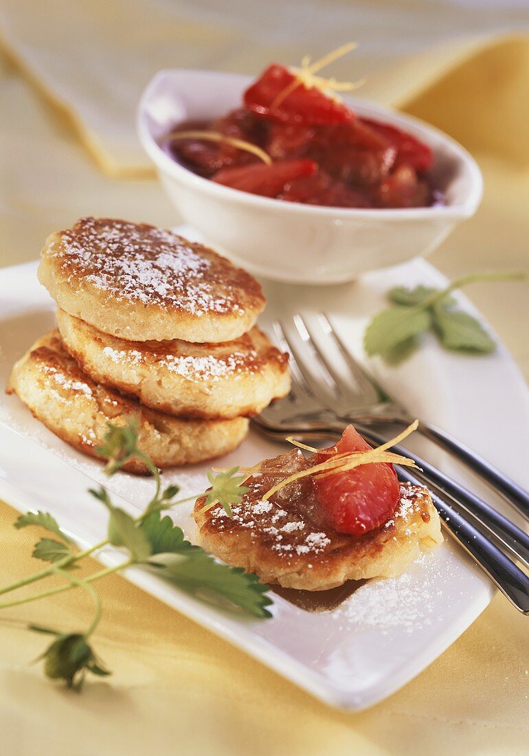 Wheat cakes with rhubarb and strawberries