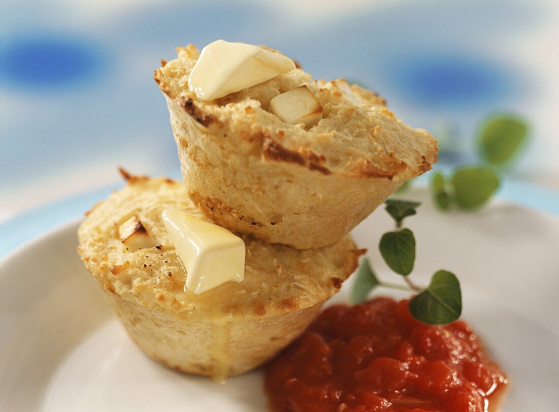 Savoury potato & cheese muffins with butter and tomato sauce