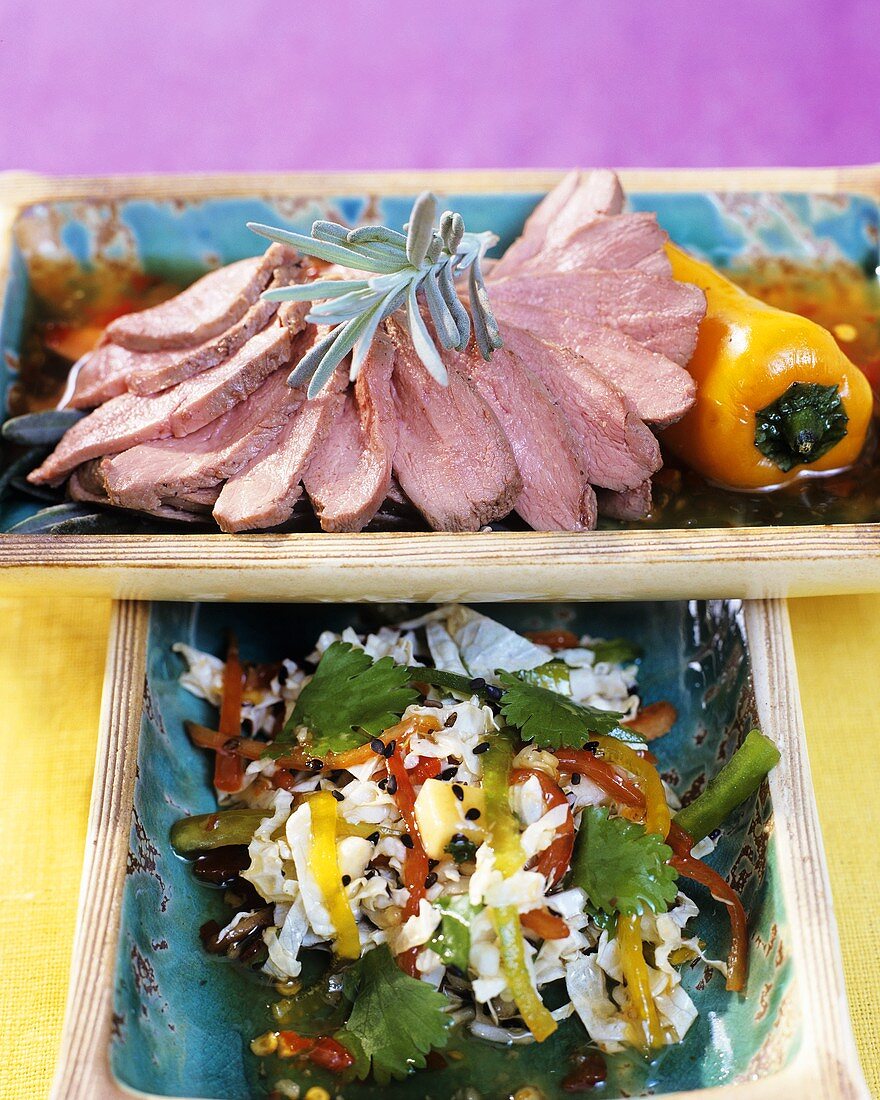 Duck breast with lavender and Asian Chinese cabbage salad