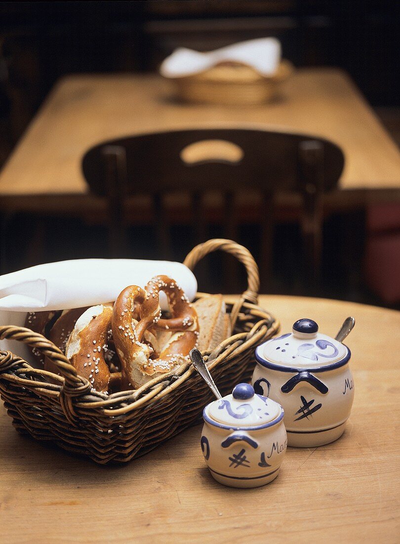 Pretzels in bread basket in restaurant
