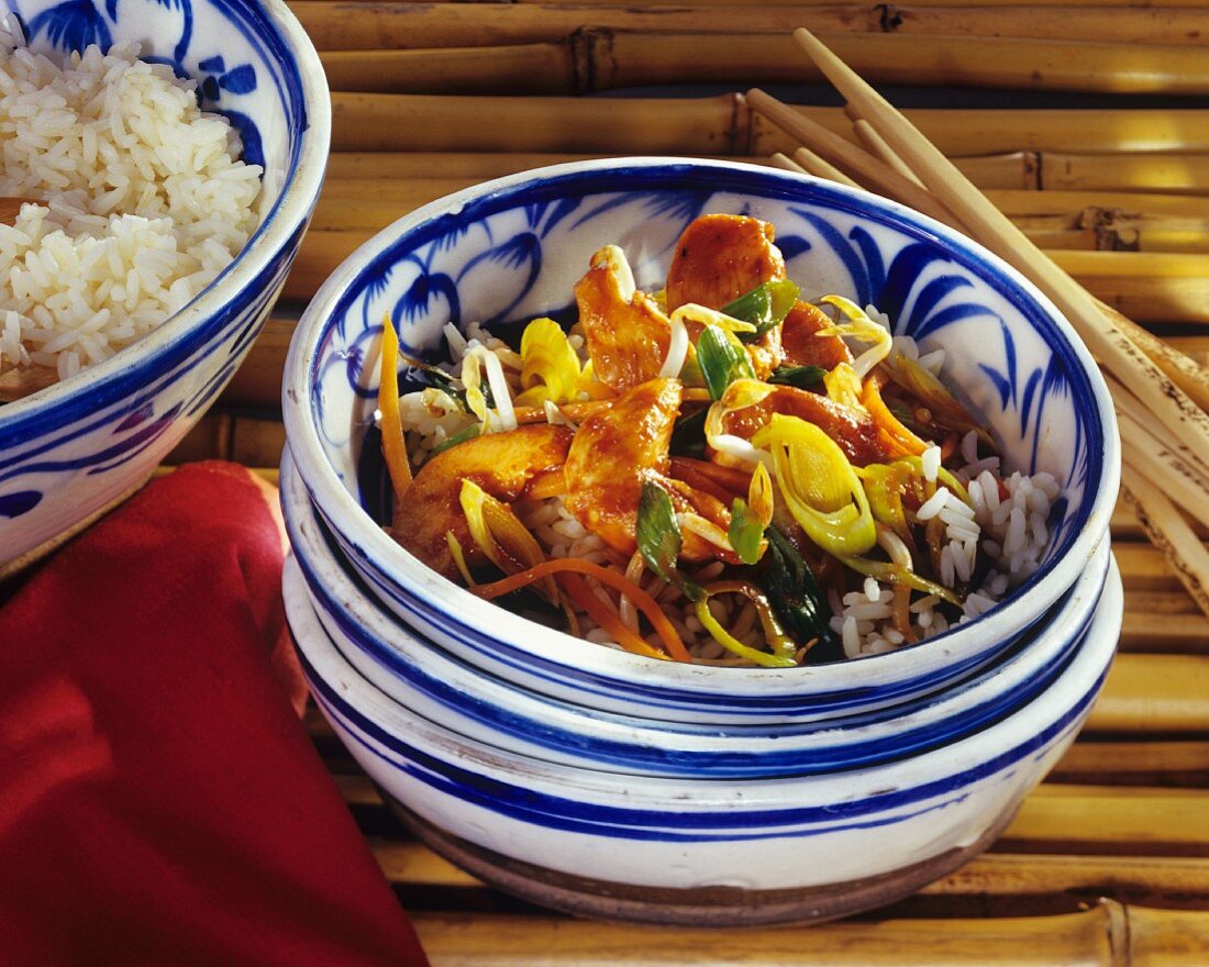 Hähnchenragout mit Sprossen, Lauch und Reis (China)