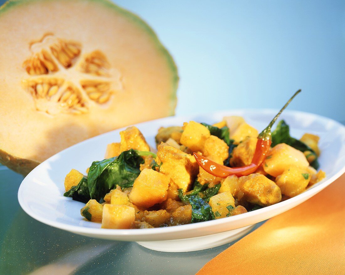 Turkey curry with sweet melon and spinach from the wok