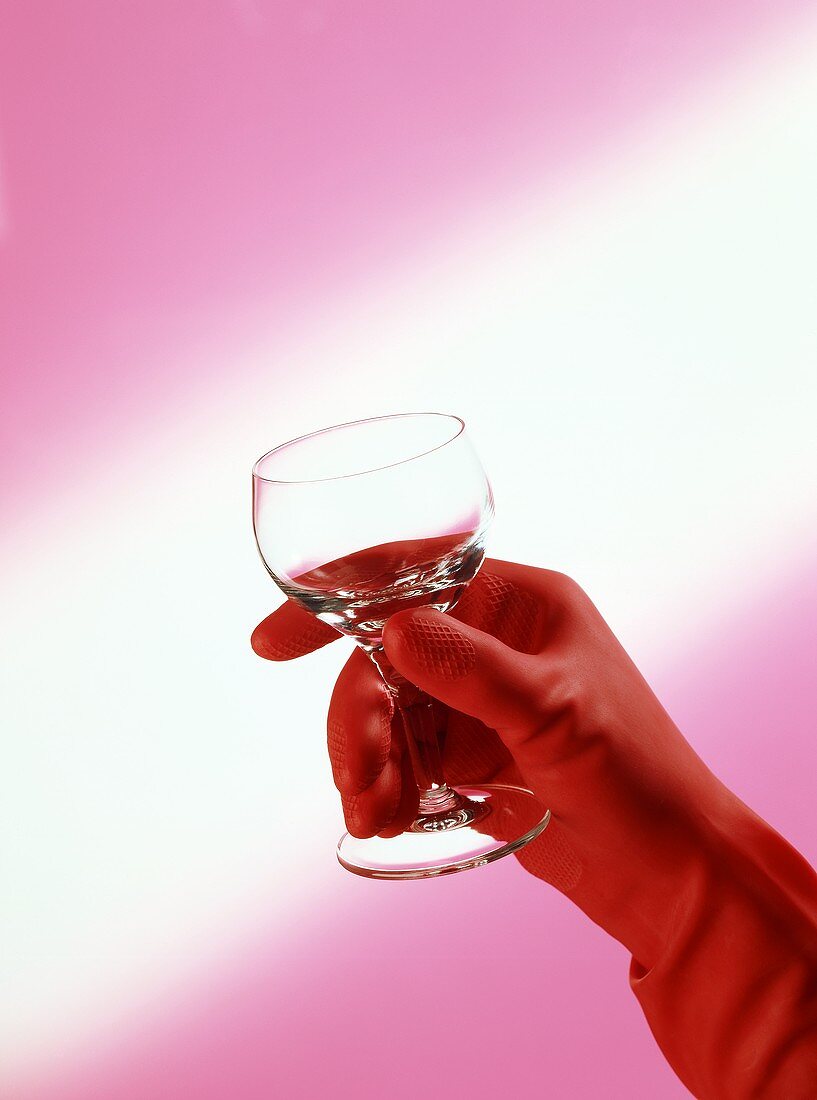 Hand mit rotem Gummihandschuh hält Weinglas