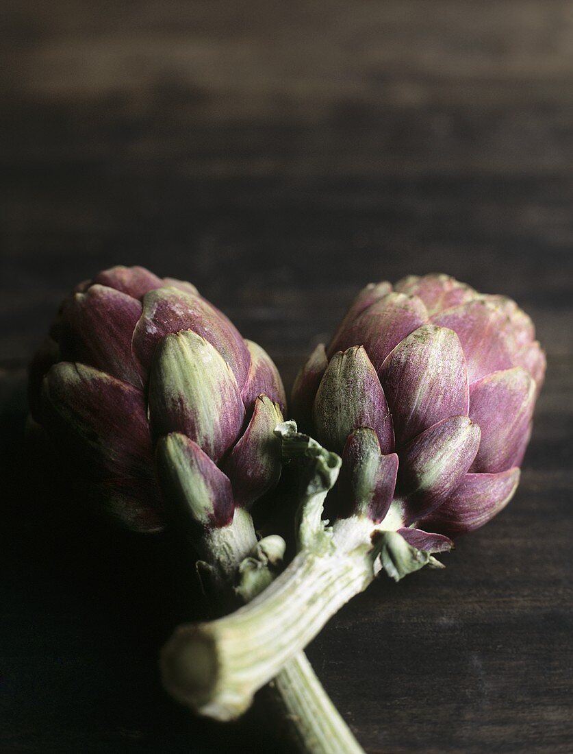 Two artichokes on brown background
