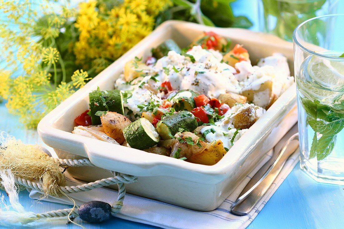 Griechischer Salat mit Kartoffeln und Joghurtsauce