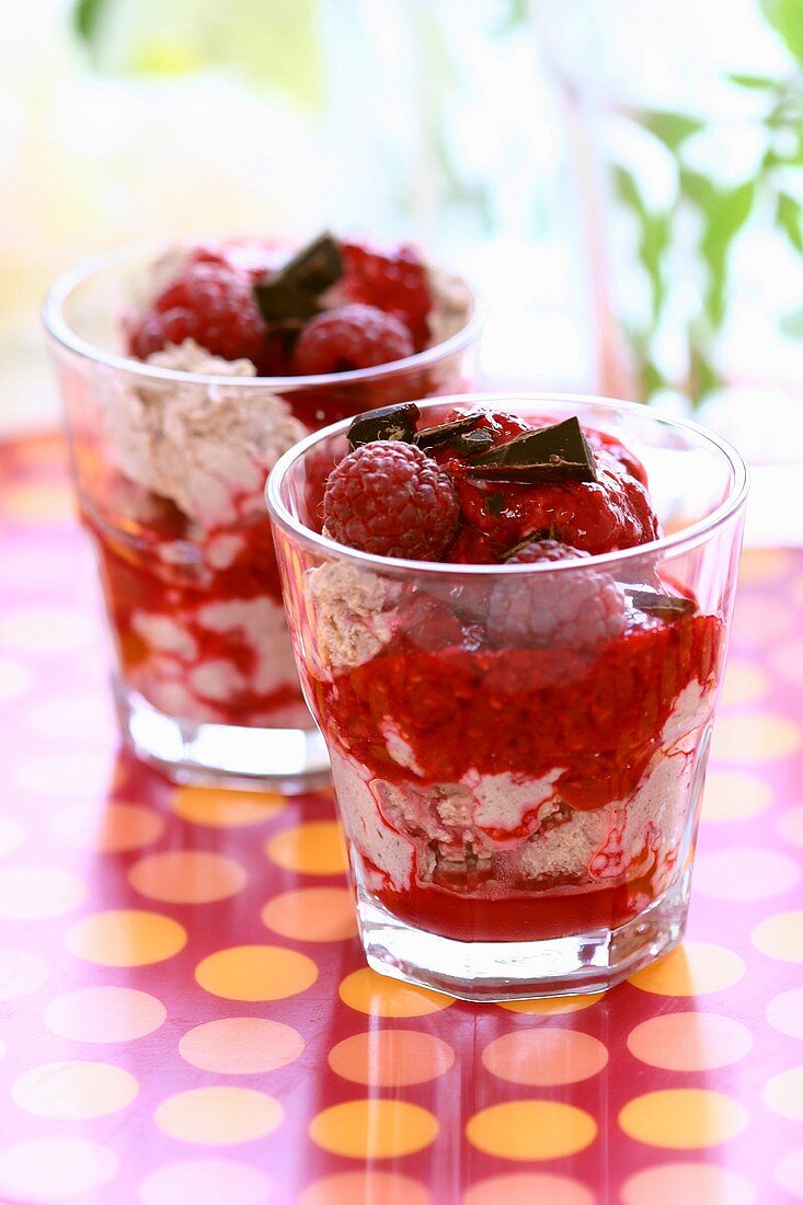 Quarkspeise mit Himbeeren und Schokospänen