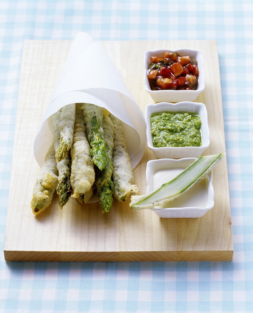 Asparagus in batter with three dips