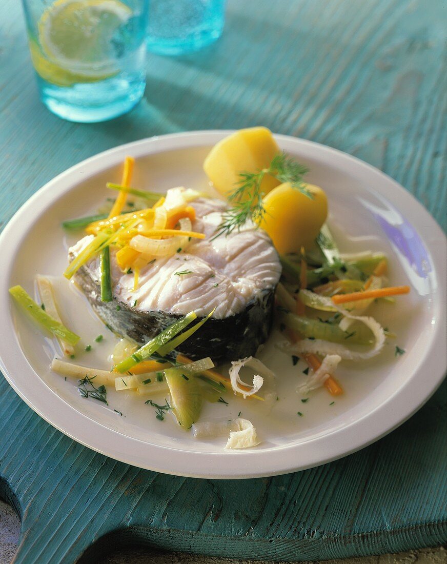 Cod cutlet in root vegetable stock