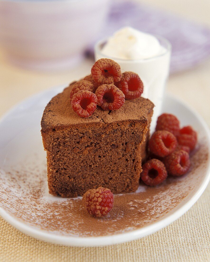 A piece of chocolate cake with raspberries
