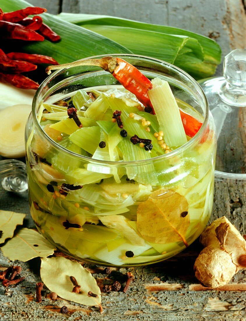 Pickled leeks with ginger and chili pepper