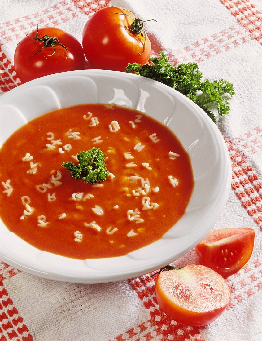 Tomato soup with alphabet spaghetti