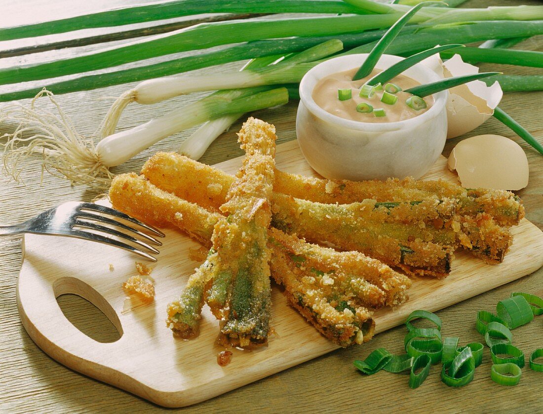 Breaded spring onions with mayo ketchup