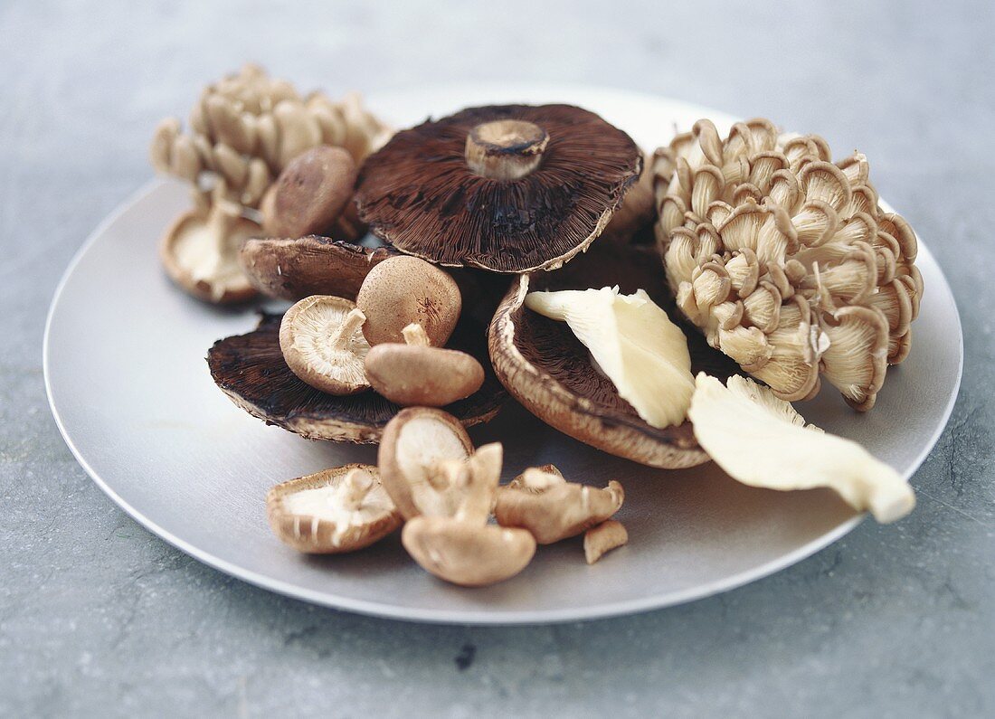 Various cultivated mushrooms on a plate