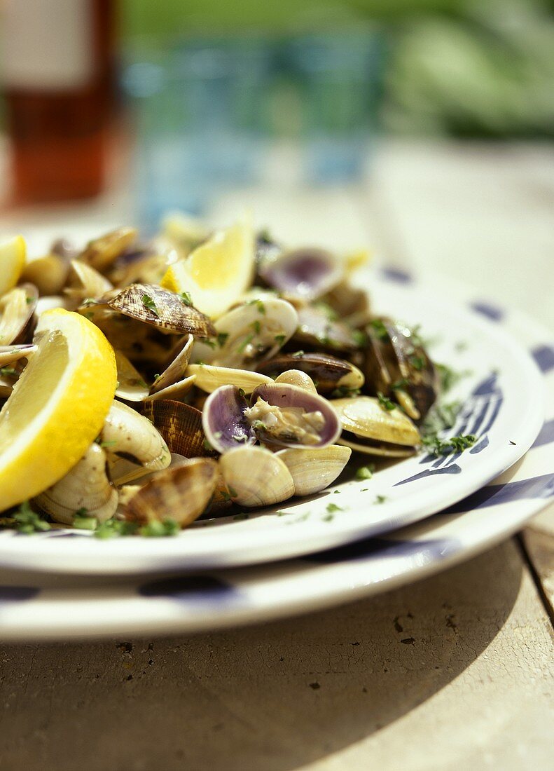 Gekochte Venusmuscheln mit Kräutern und Zitronenschnitzen