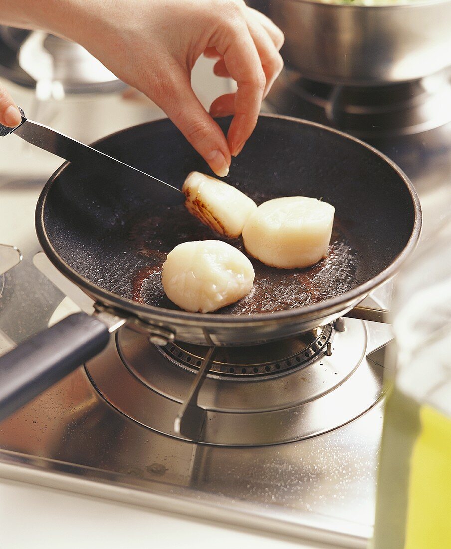 Frying scallops