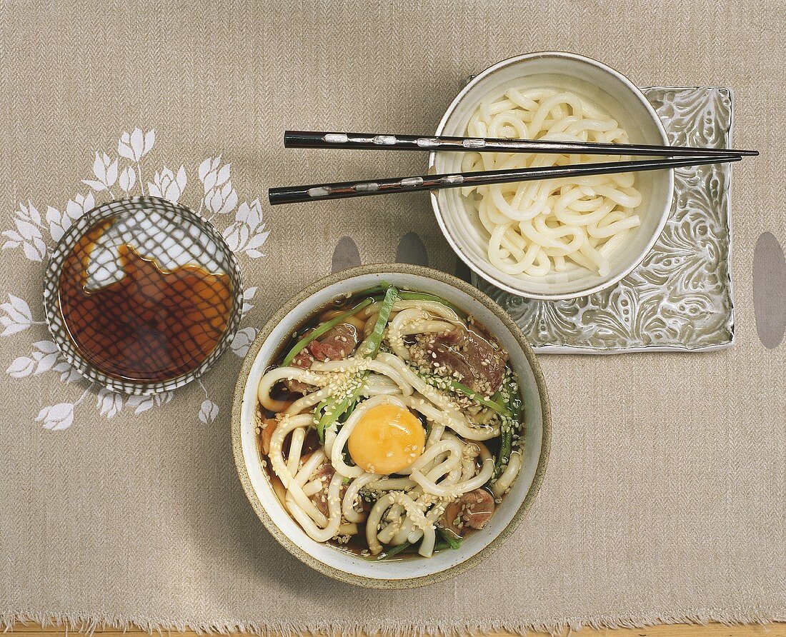 Sukiyaki soup with beef and noodles (Japan)