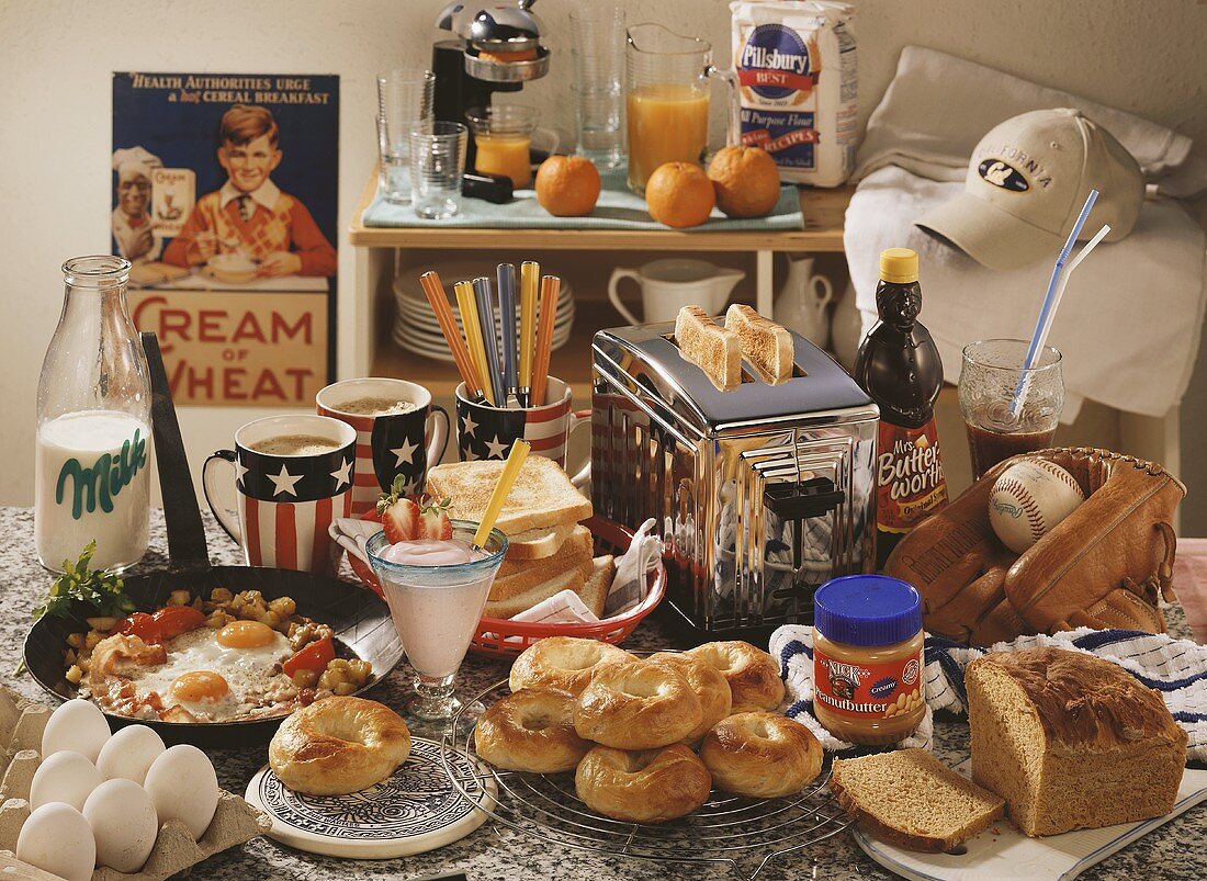 Still life with dishes, foods and props from America