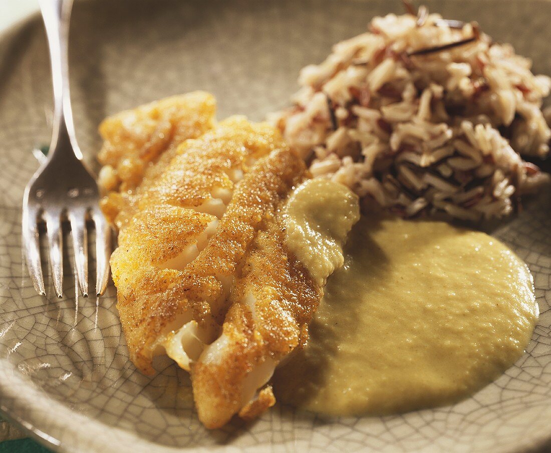 Breaded fish fillets with curry sauce and wild rice