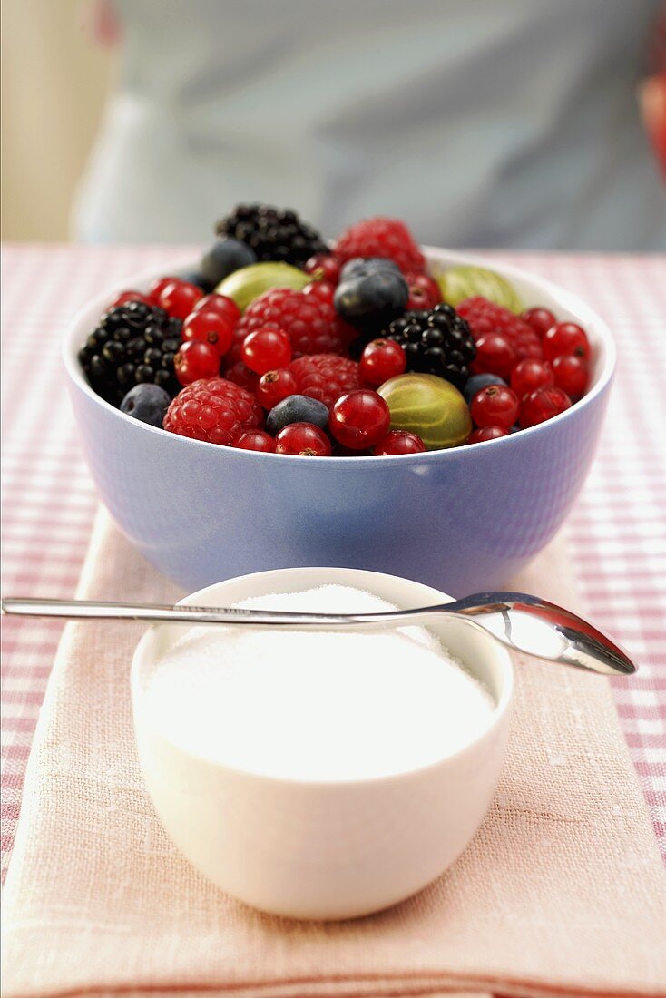 Frische Beeren und ein Schälchen Zucker