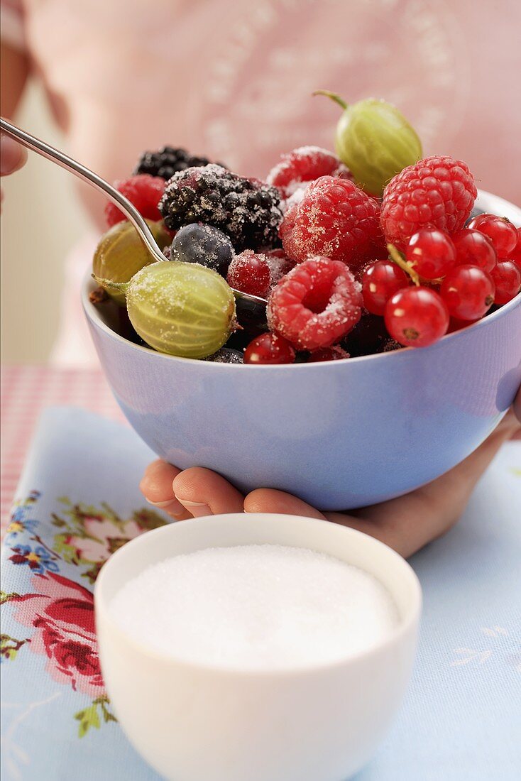 Hand hält Schale mit gezuckerten Beeren