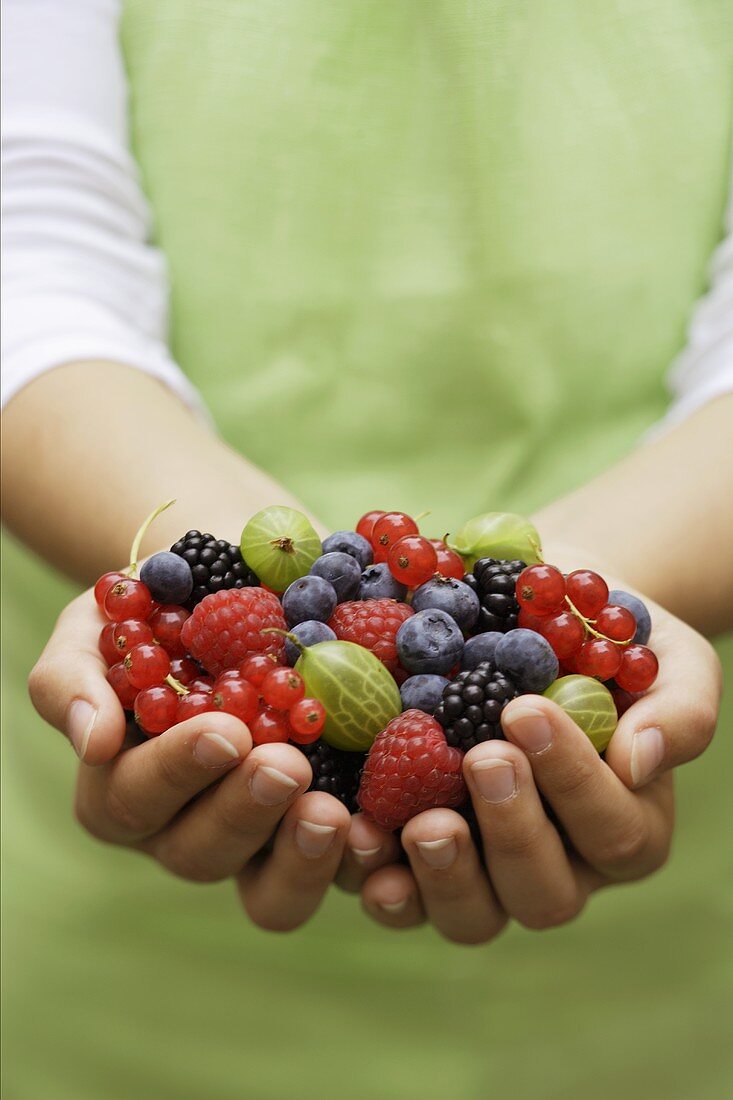 Hand holding an assortment of berries