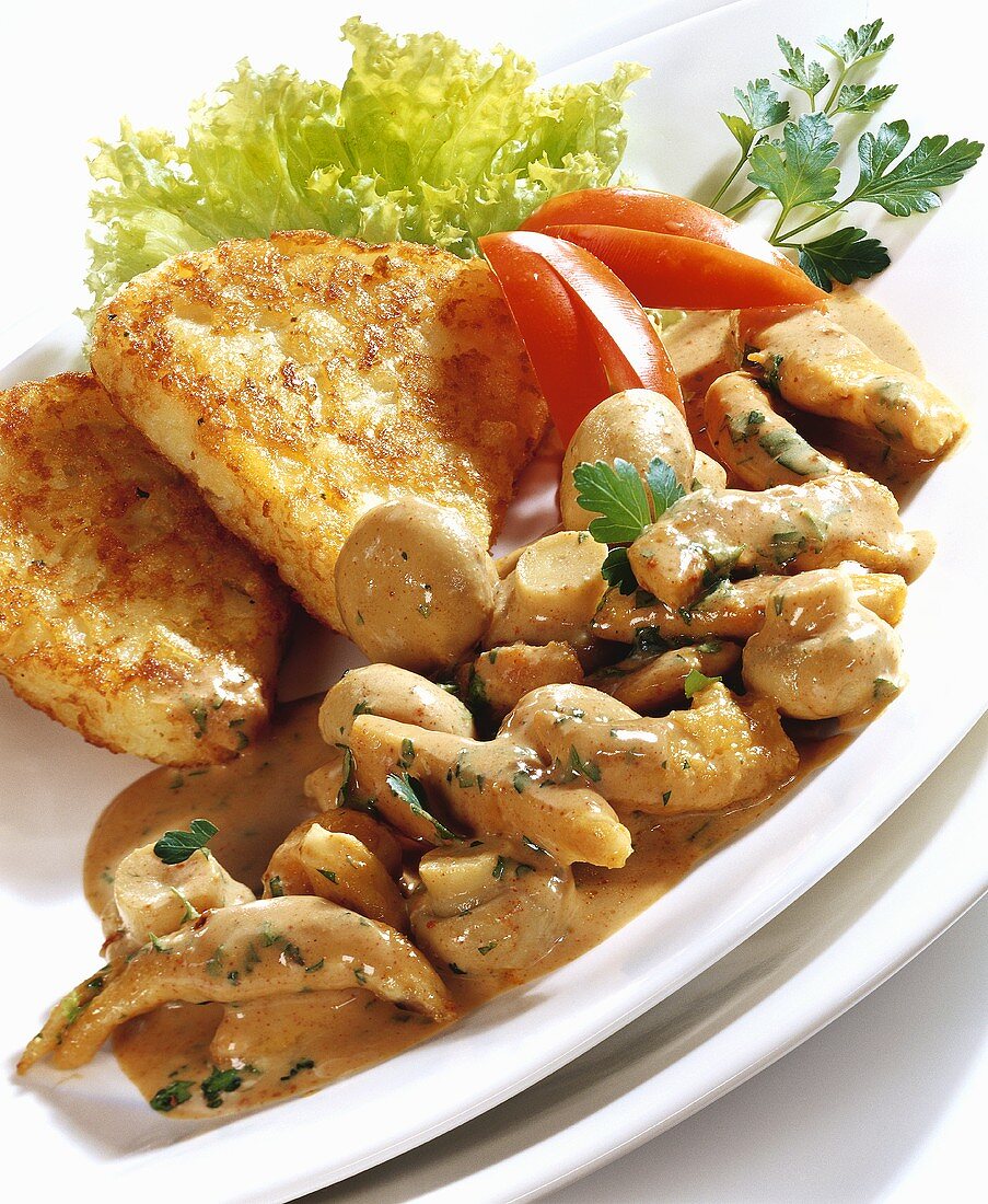 Strips of chicken with mushrooms and rosti