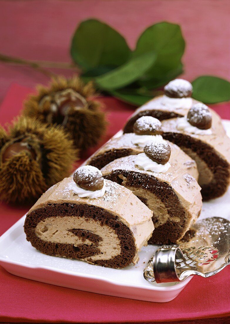 Chestnut roulade with cream, cut into pieces