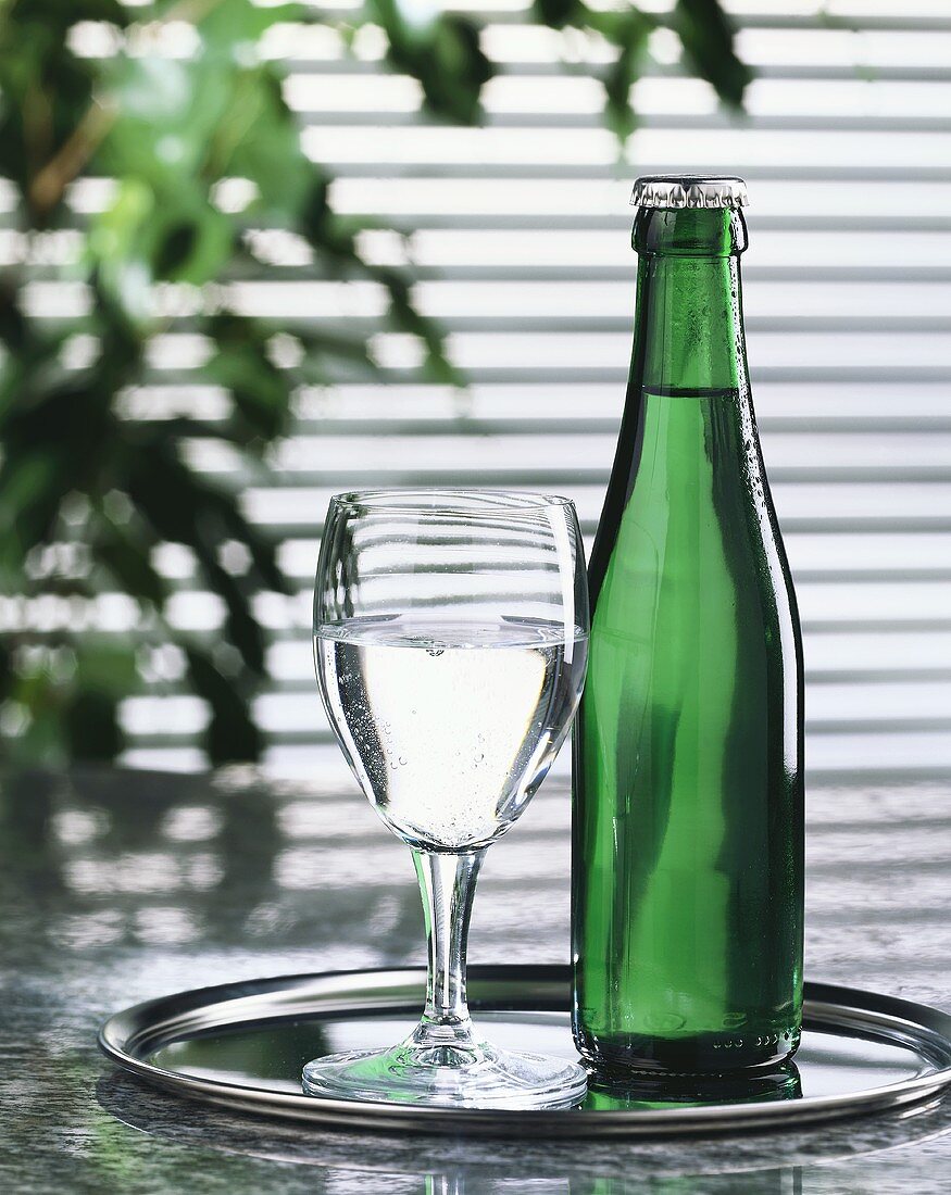 Mineral water in glass and green bottle on tray