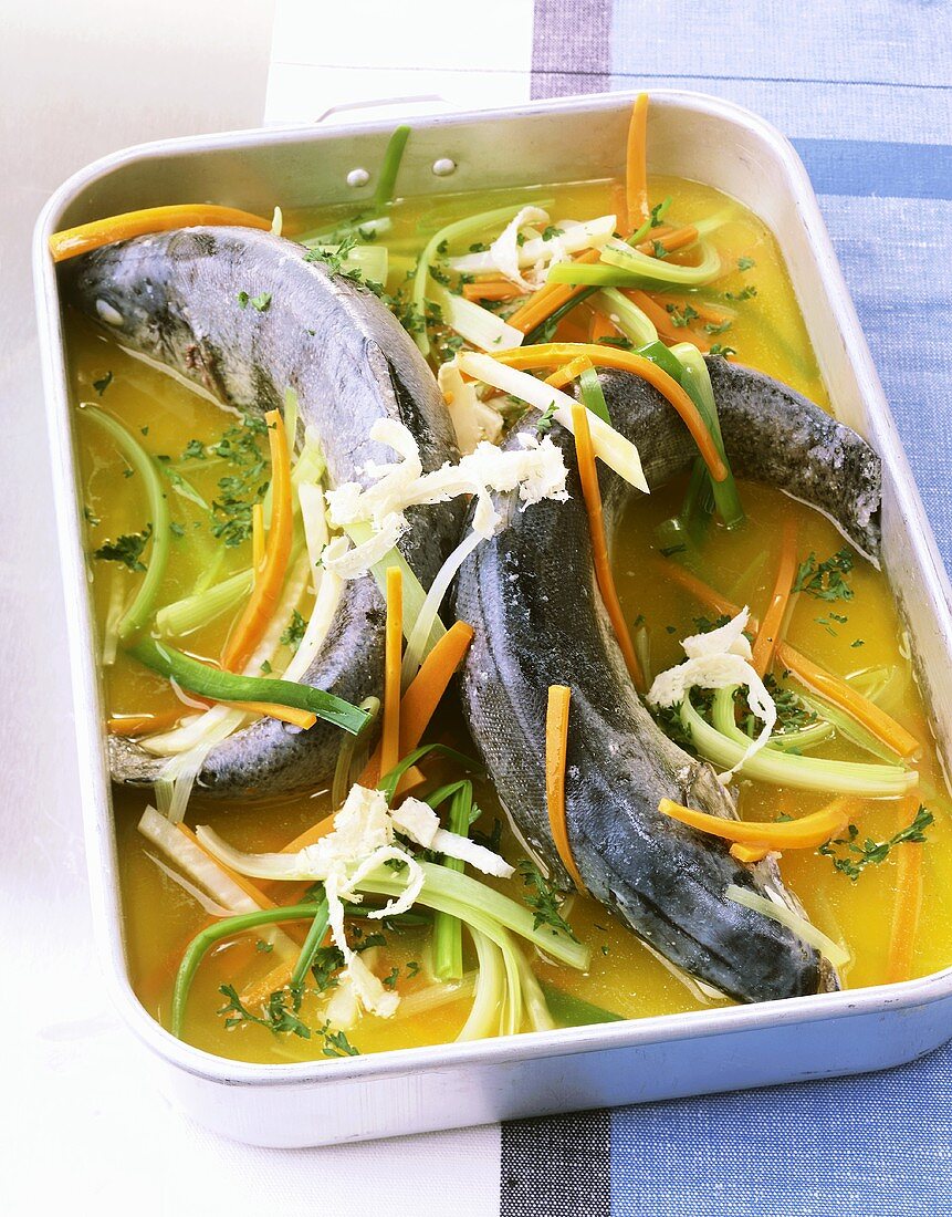 Trout in root vegetable stock with horseradish