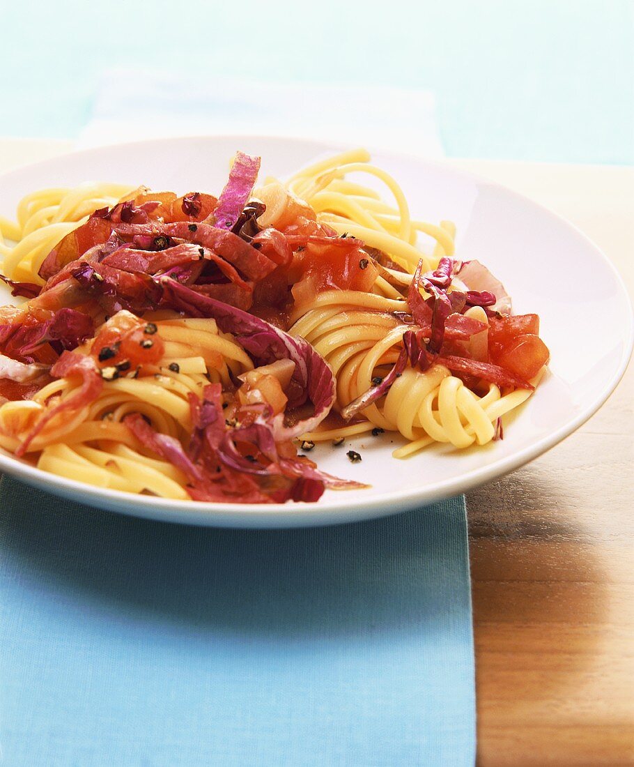 Ribbon pasta with radicchio and salami