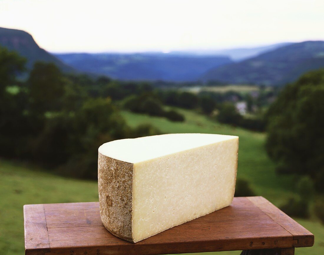Half a hard cheese against a mountainous landscape