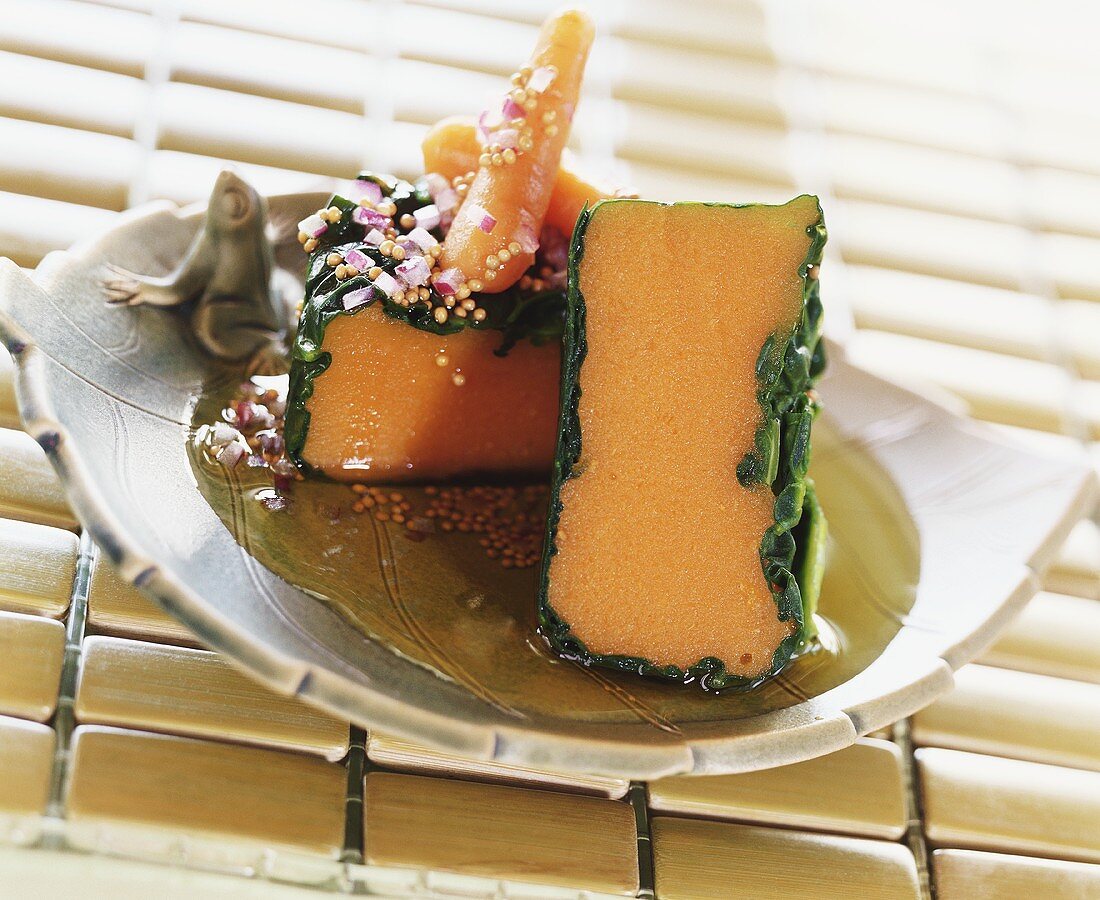 Carrot flan wrapped in spinach