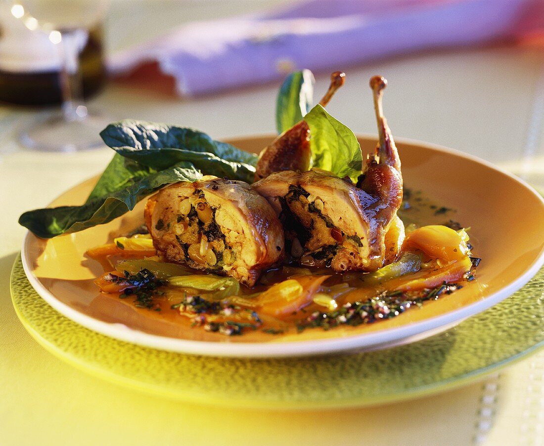 Stuffed quail with spinach and pine nuts