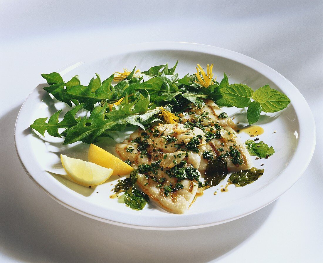 Halibut with garlic, mint and dandelion salad