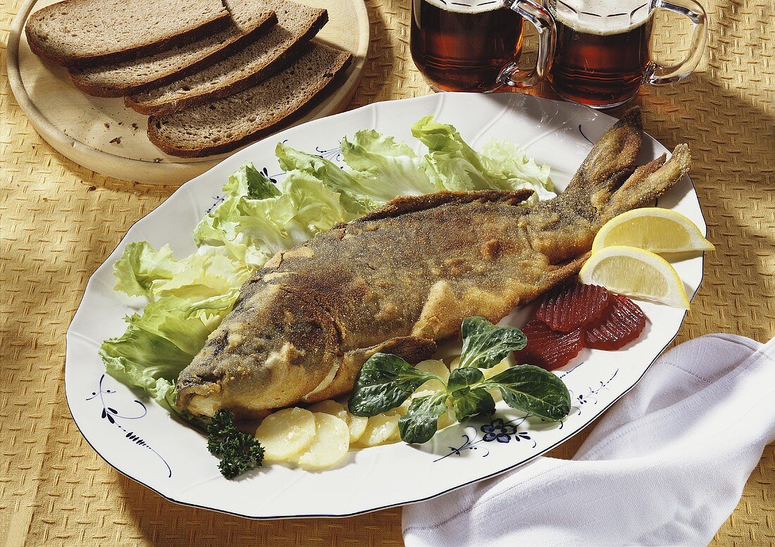 Fried carp, bread and dark beer