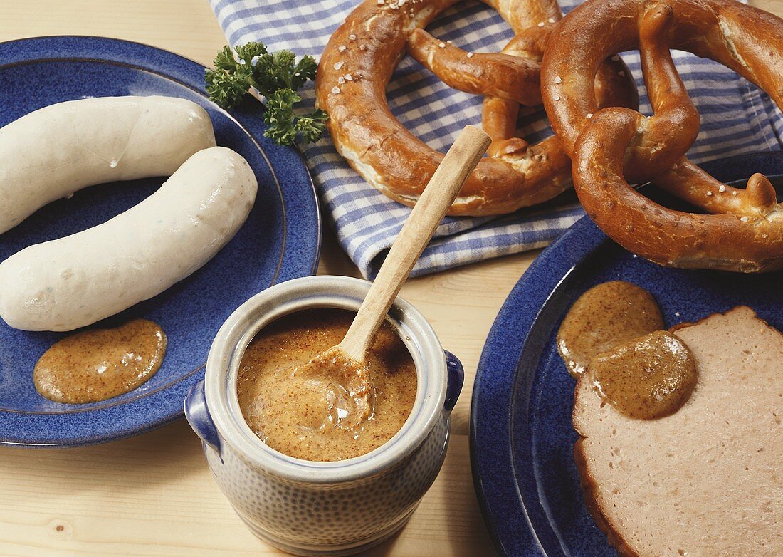 Weisswurst (white sausages) & meatloaf with mustard & pretzels