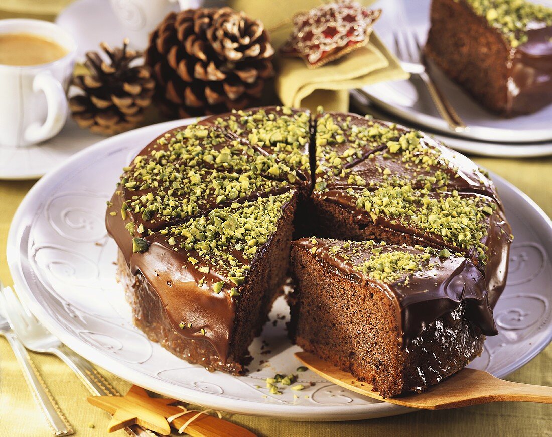 Chocolate and poppy seed cake with pistachios for Christmas