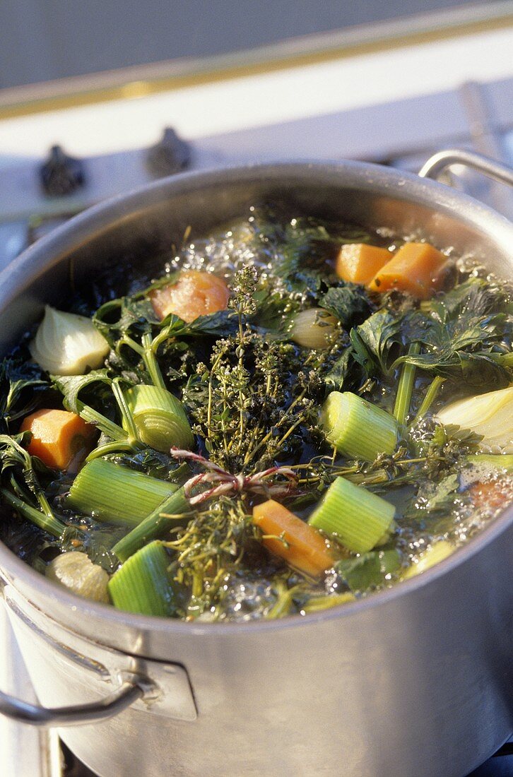 Vegetable broth with herbs in soup pot