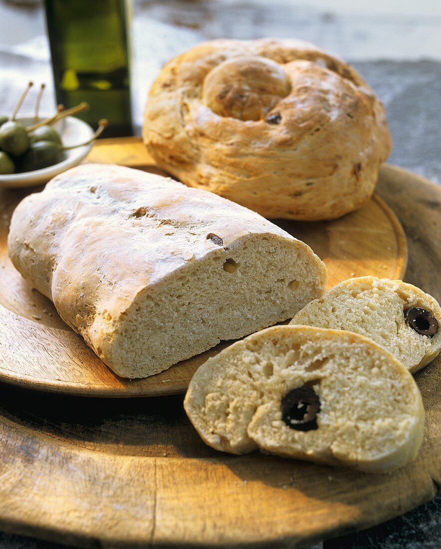 Ciabatta with olives, white bread with capers