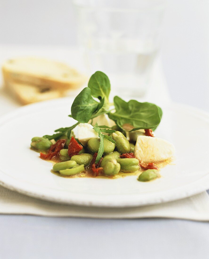 Broad bean salad with dried tomatoes and mozzarella