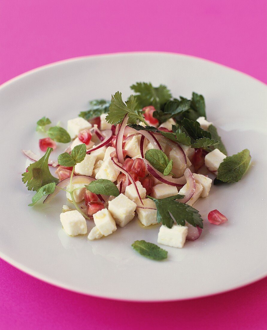 Schafskäsesalat mit Granatapfelkernen, Zwiebeln und Kräutern